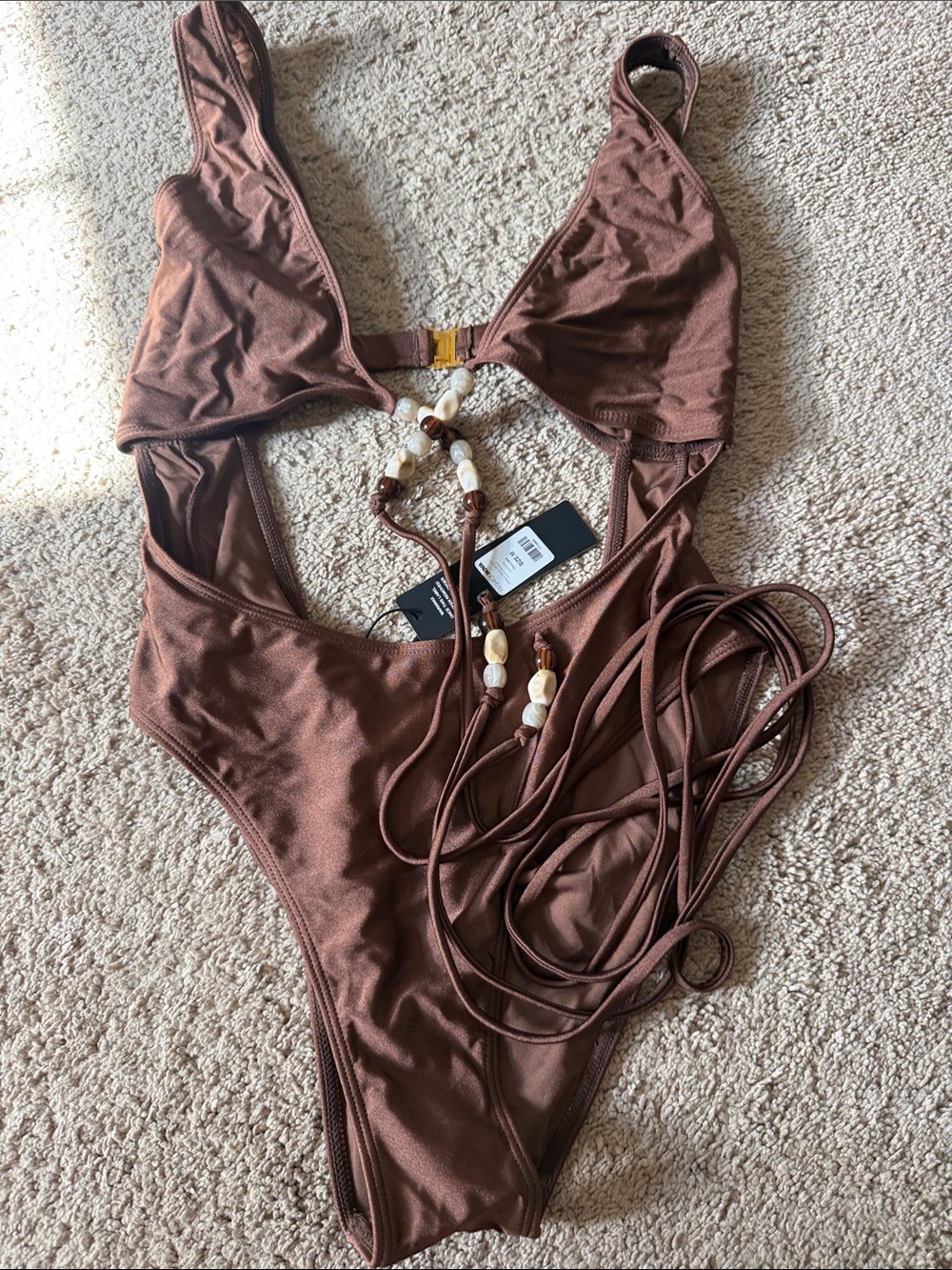 Fashion Nova Brown One-Piece Swimsuit with Bead Accents